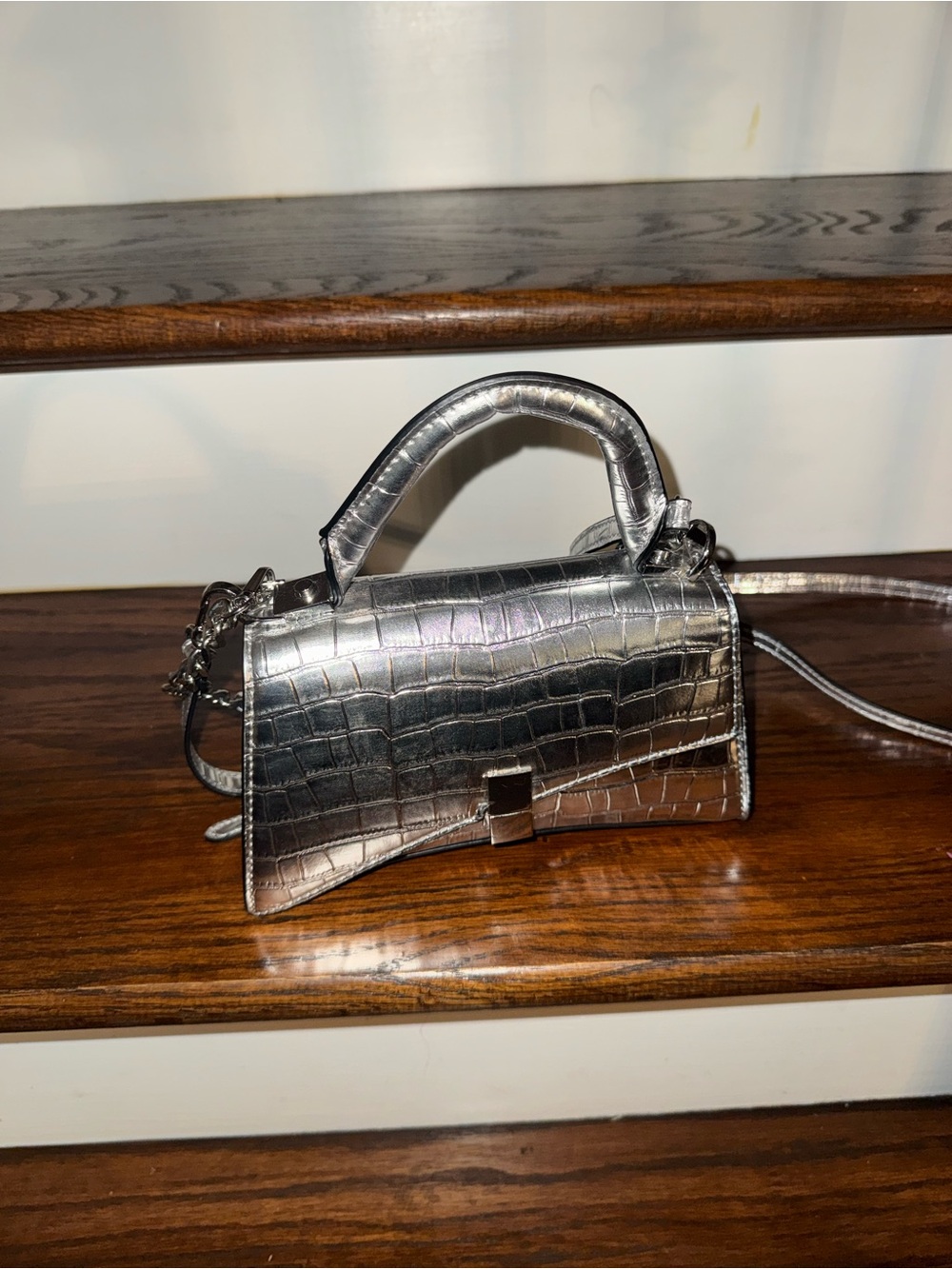 Aldo Metallic Silver Croc Embossed Top Handle Crossbody